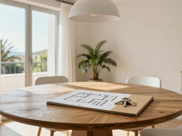 Mesa redonda de roble con un plano de vivienda y unas llaves, en un comedor luminoso, imagen de ambiente creada con IA